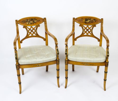 Antique Pair Sheraton Revival Painted Satinwood Armchairs Circa 1920
