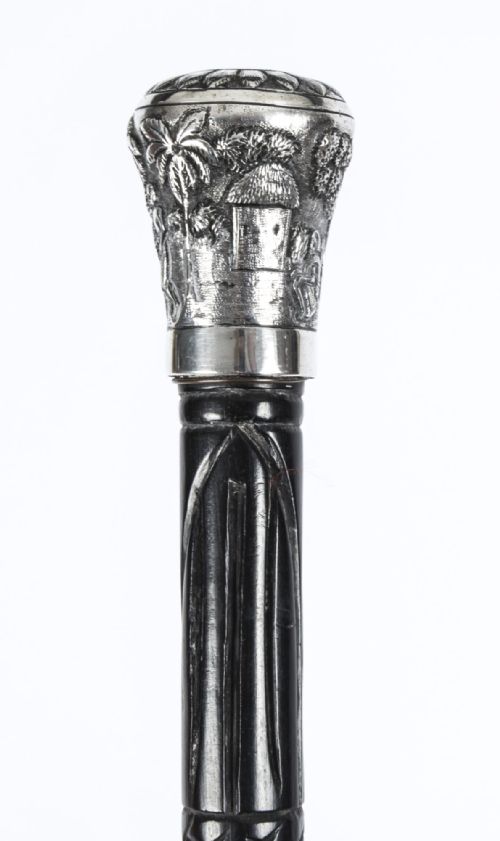 fig 1. Antique Indian Hardwood & Silver Pommel Walking Stick Cane C1880 19th Century