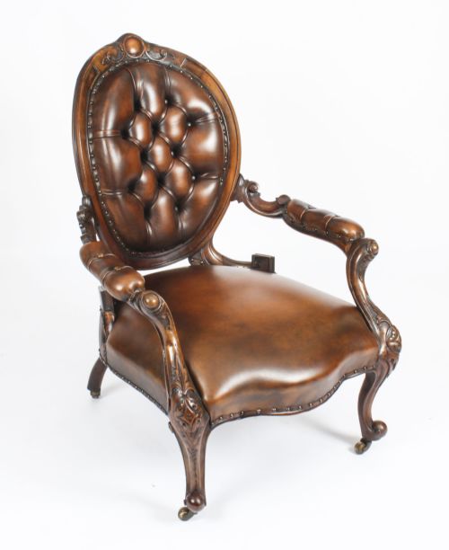 Antique Victorian Leather Spooback Armchair 19th Century