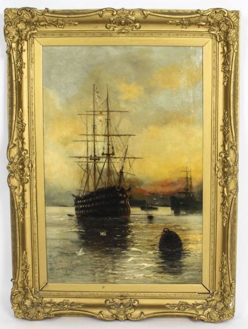 Antique English Oil on Canvas Painting of a River Scene Edward Fletcher 19th C
