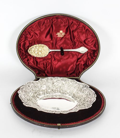 Antique English Cased Sterling Silver Fruit Bowl & Serving Spoon 19th C
