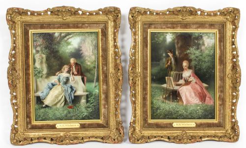 Antique Pair Oil on Canvas Courtiers Paintings by Raimund Von Wichera 19th C
