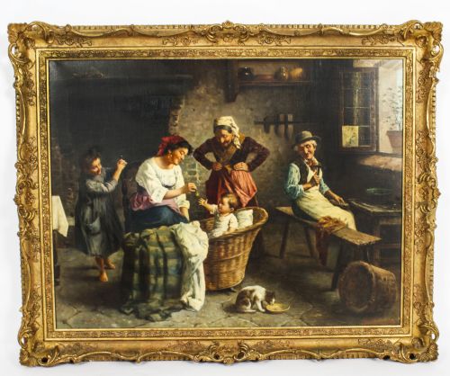 Antique Oil on Canvas Painting Interior Scene by Sandro Bini 19th C
