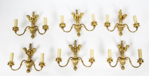 Antique Set of 6 French Louis Xvi Style Twin Branch Wall Lights C1920
