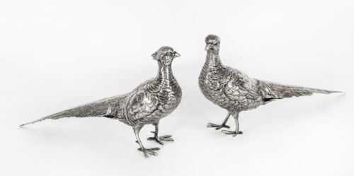 Antique Pair O German 800 Silver Pheasants 19th Century
