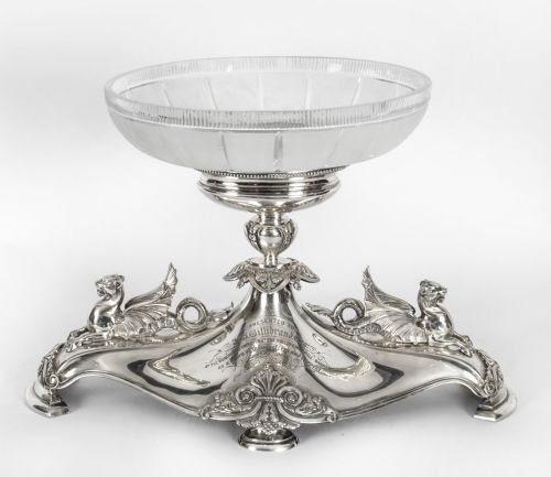 Antique Victorian Silver-plate Dragons Centerpiece Elkington Cut Crystal 19th C
