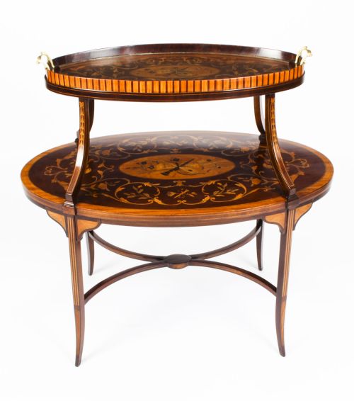 Antique English Marquetry Etagere Tray Table C.1890 19th C
