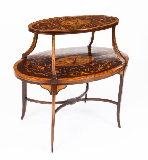 fig 1. Antique English Marquetry Etagere Tray Table c.1890 19th C
