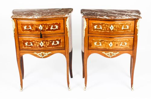 Antique Pair French Marquetry Petit Commodes Bedside Chests 19th C
