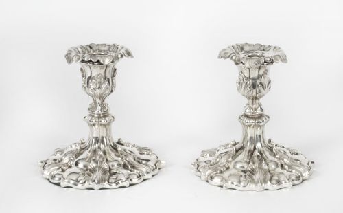 Antique Pair Victorian Rococo Revival Silver Plated Candlesticks, 19th C
