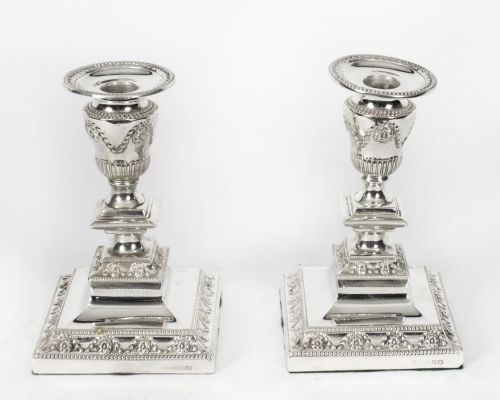 Antique Pair Neo-classical Silver Plated Candlesticks by Barker Bros Ltd 19th C
