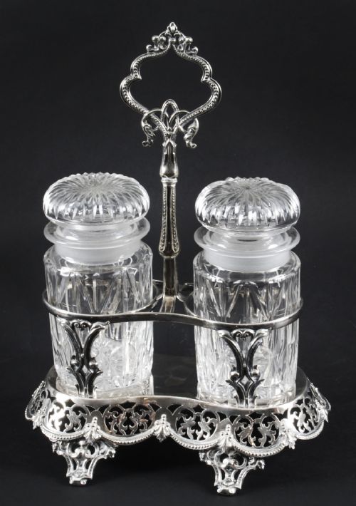 Antique Victorian Silver Plated Twin Cut Glass Bottle Pickle Set 19th C
