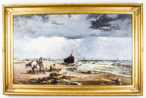 Antique Oil on Canvas Painting "Salvaging the Wreck" by Samuel Bird 19th Century
