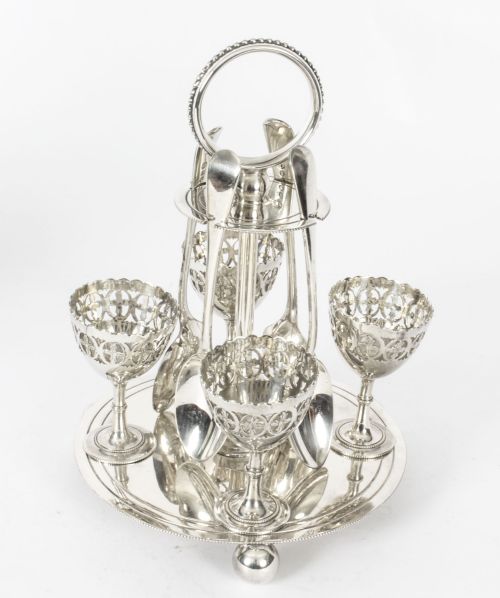 Antique Silver Plated Egg Cruet with Spoons 19th Century
