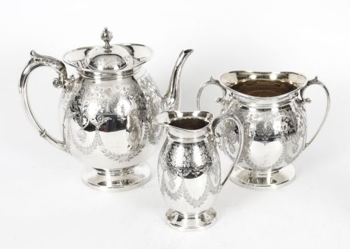 Antique Silver Plated Three Piece Tea Set Atkin Brothers 19th Century
