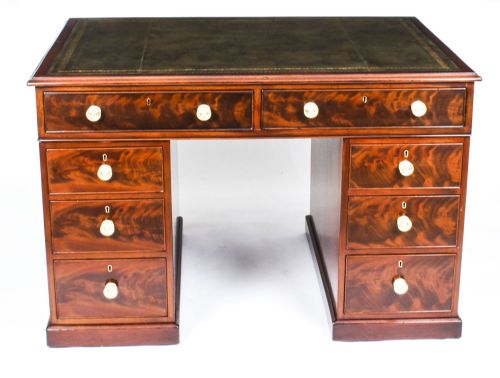 ANTIQUE 4FT VICTORIAN FLAME MAHOGANY PARTNERS PEDESTAL DESK 19TH C - ADDITIONAL PHOTO 1