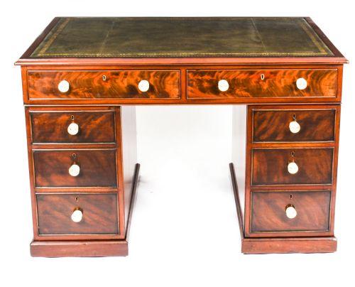 ANTIQUE 4FT VICTORIAN FLAME MAHOGANY PARTNERS PEDESTAL DESK 19TH C - ADDITIONAL PHOTO 12
