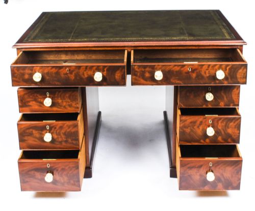 ANTIQUE 4FT VICTORIAN FLAME MAHOGANY PARTNERS PEDESTAL DESK 19TH C - ADDITIONAL PHOTO 17