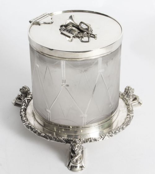 Antique Silver Plate and Cut Glass Drum Biscuit Box 19th Century
