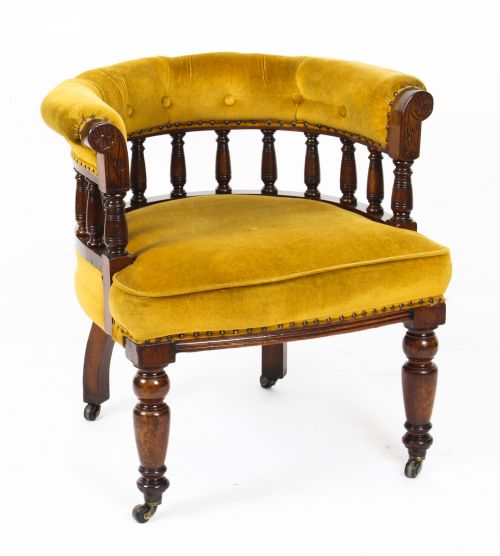 Antique Victorian Walnut Gold Velvet Desk Chair Tub Chair C.1880
