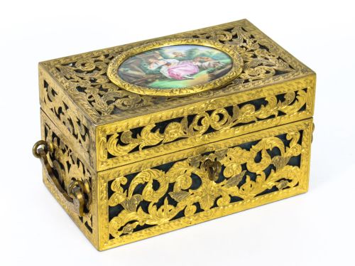 Antique Pierced Brass Palais Royal Porcelain Mounted Casket 19th C
