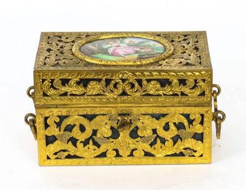 fig 1. Antique Pierced Brass Palais Royal Porcelain Mounted Casket 19th C