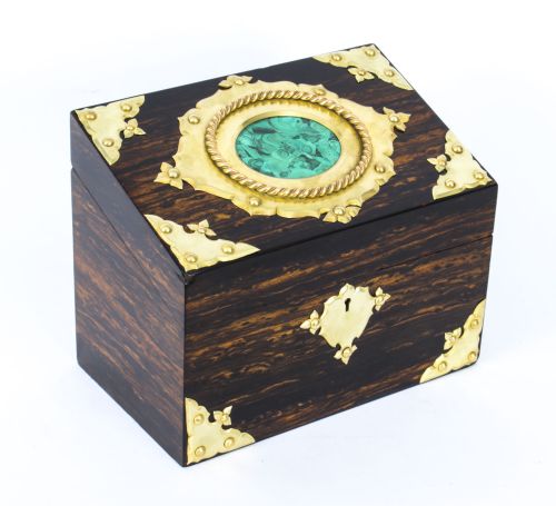 Antique Gothic Revival Brass Inset Malachite Coromandel Casket C1840
