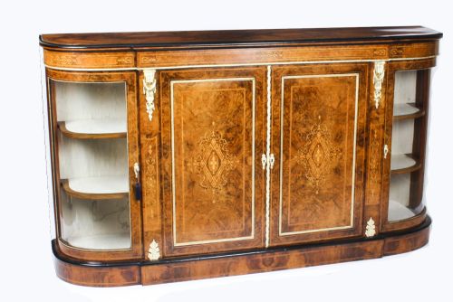 Antique Victorian Walnut Marquetry Inlaid 4 Door Credenza C.1880 19th C
