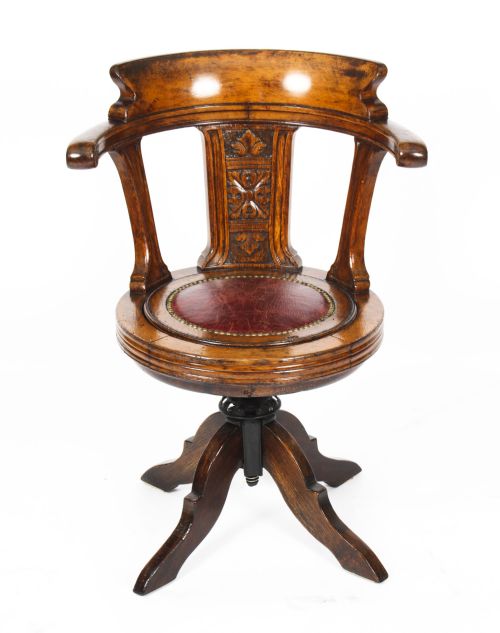 Antique Victorian Oak Swivel Ships / Captains Cockpit Desk Chair 19th C
