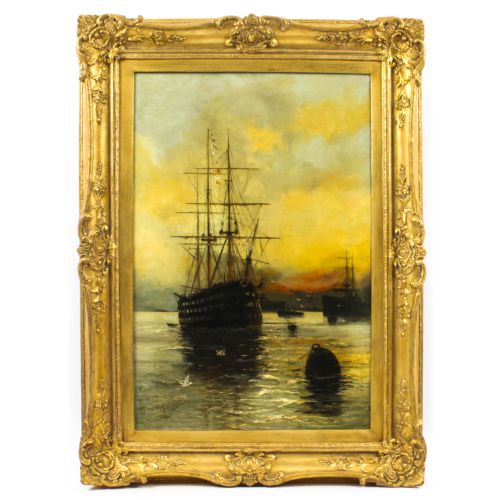 Antique English Oil on Canvas Painting of a River Scene Edward Fletcher 19th C
