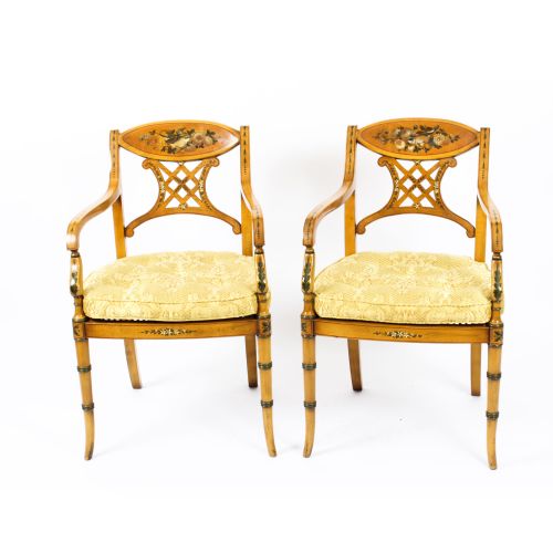 Antique Pair Sheraton Revival Painted Satinwood Armchairs Circa 1920
