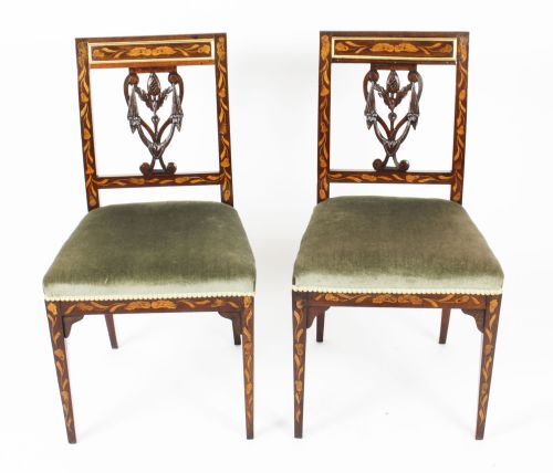 Antique Pair Dutch Marquetry Side Chairs C.1820 19th Century
