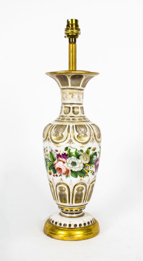 Antique Victorian White Opaque Overlaid Glass Table Lamp 19th Century
