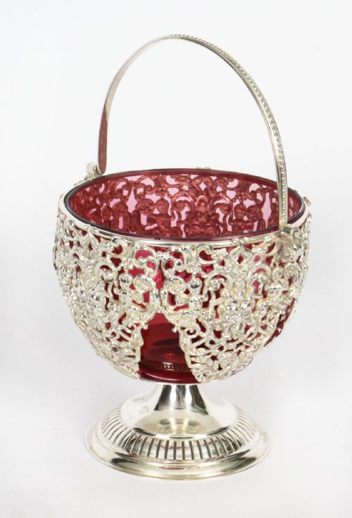 Antique Silver Plate & Cranberry Glass Bon Bon Dish 19th Century
