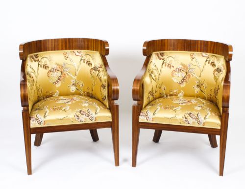 Antique Pair Art Deco Zebra Wood Armchairs 20th Century
