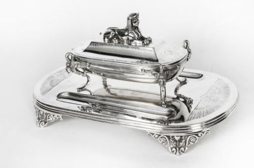 Antique Victorian Egyptian Revival Silver Plate Ink Well Stand 19th Century
