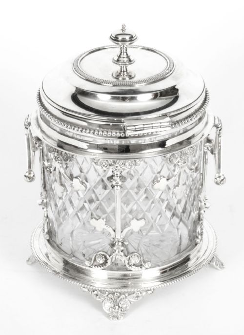 Antique Silver Plate and Cut Glass Drum Biscuit Box 19th Century
