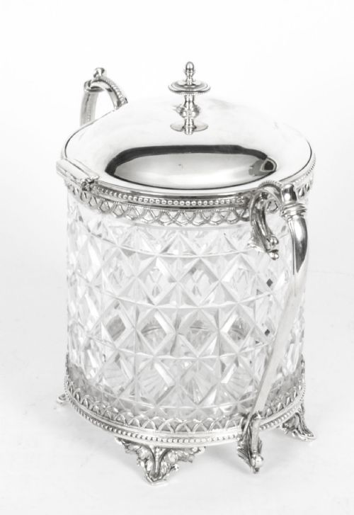 fig 1. Antique Silver Plate and Cut Glass Biscuit Box Sheffield 19th Century