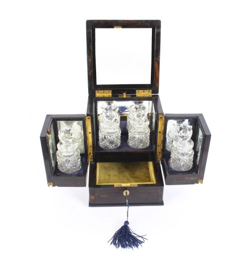Antique Victorian 4-Bottle Coromandel Vanity Casket Single Pull-out Drawer 1870
