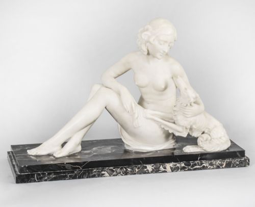 Antique French Art Deco Carrara Marble Sculpture of Reclining Maiden C1920
