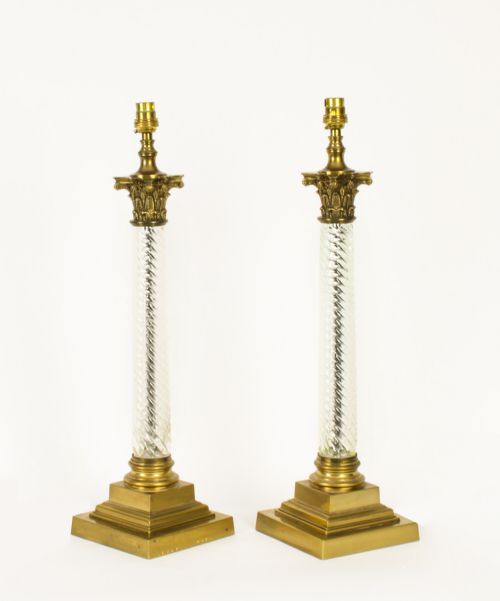 Antique Pair Edwardian Ormolu & Glass Corinthian Table Lamps C 1910
