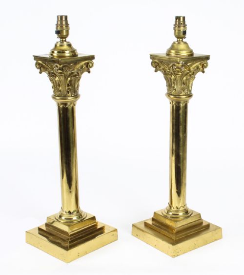 Antique Pair Victorian Brass Corinthian Column Table Lamps 19th C
