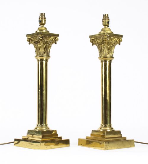 fig 1. Antique Pair Victorian Brass Corinthian Column Table Lamps 19th C
