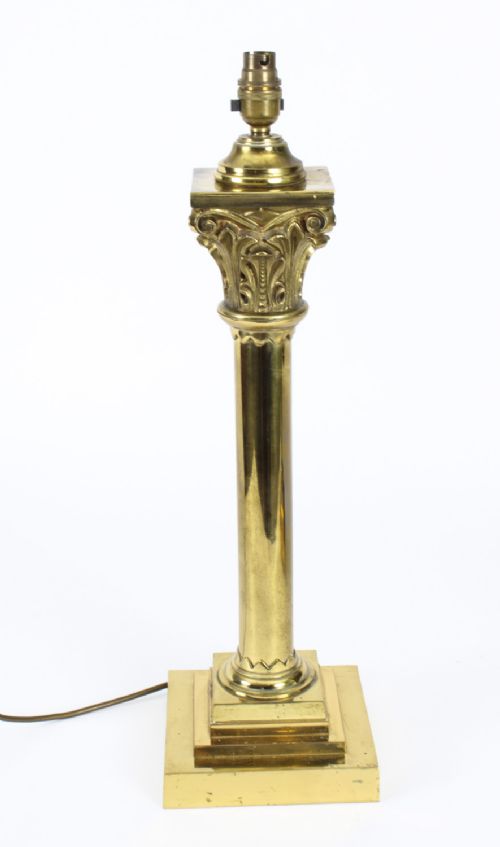 fig 2. Antique Pair Victorian Brass Corinthian Column Table Lamps 19th C
