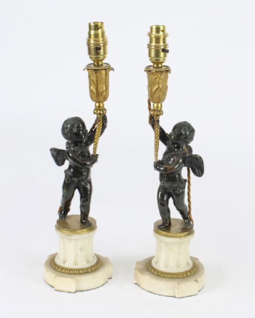 Antique Pair French Ormolu & Patinated Bronze Cherub Table Lamps 19th C

