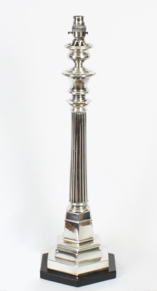 Antique Large Edwardian Silver Plated Doric Column Table Lamp 19th C

