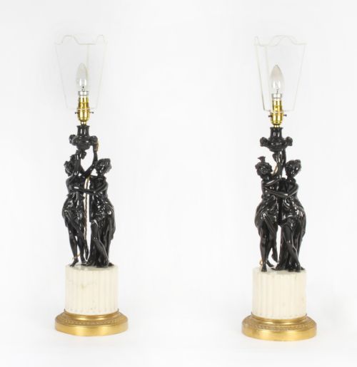 fig 1. Antique Pair French Bronze Bacchantes Marble Table Lamps Circa 19th Century