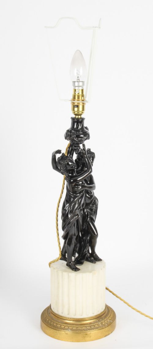 fig 2. Antique Pair French Bronze Bacchantes Marble Table Lamps Circa 19th Century