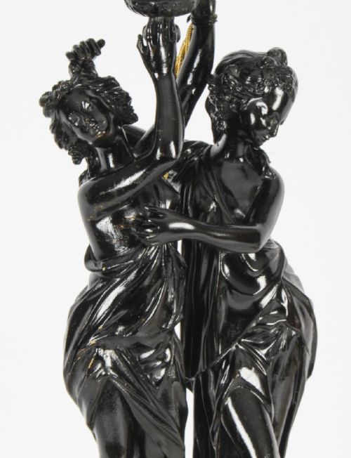 fig 3. Antique Pair French Bronze Bacchantes Marble Table Lamps Circa 19th Century