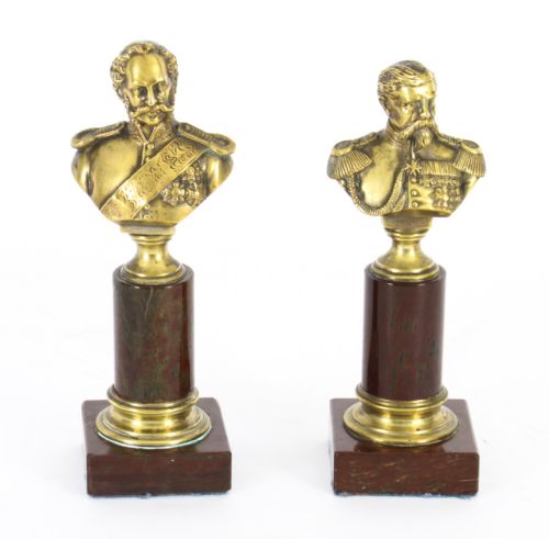 Antique Pair French Grand Tour Bronze Military Pedestal Busts 19th C

